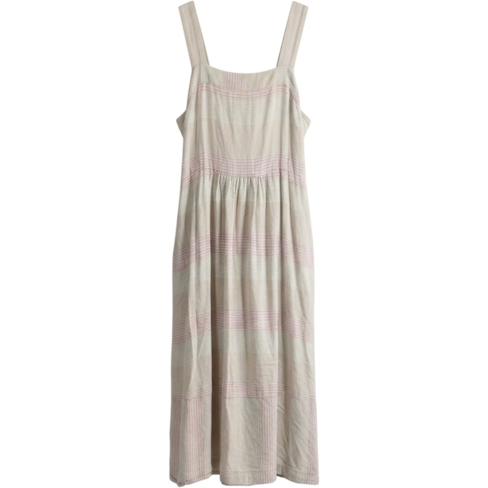 Patagonia Garden Island Maxi Dress Women Large Tan Pink Striped Hemp Tencel